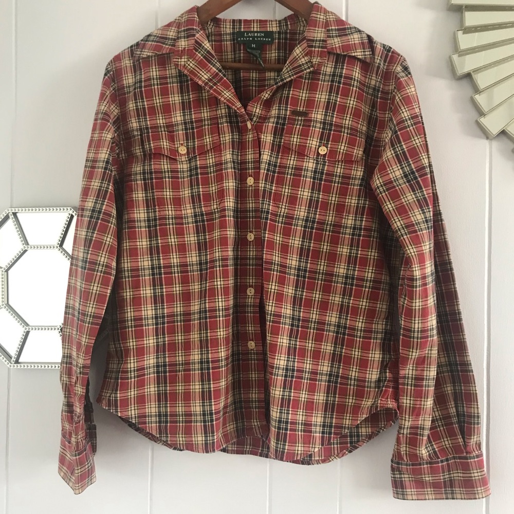 Lauren Ralph Lauren Red Plaid Button Down Blouse M